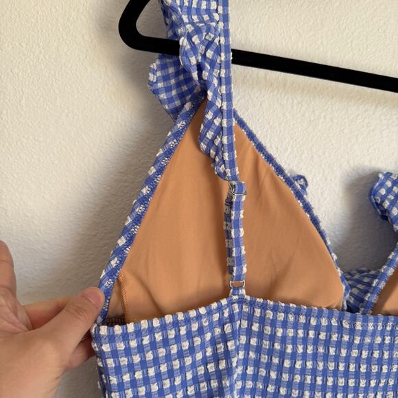 NWT J. Crew Sz L Seersucker Ruffle V-neck One-piece Swimsuit BY483 Blue Gingham - Picture 5 of 12